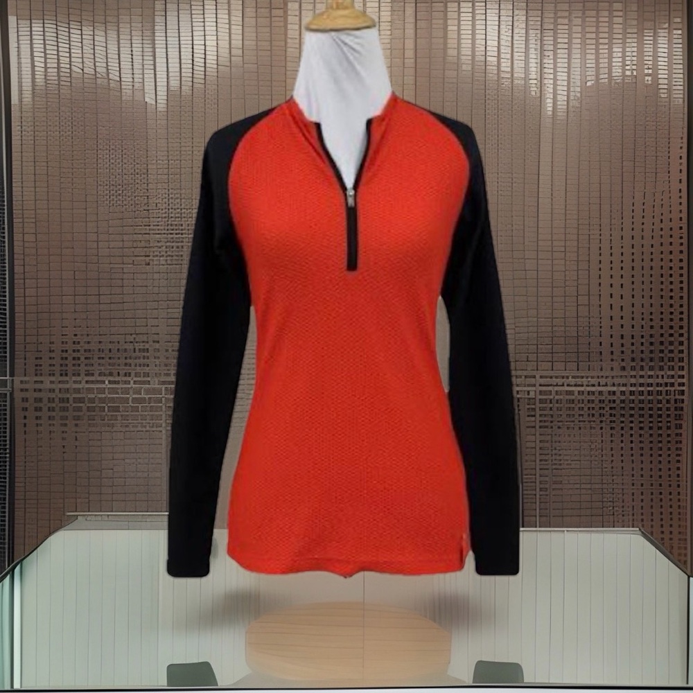 Lauren Ralph Lauren Black&Orange 1/4 Zip Active Waffle knit Blouse Raglan Sleeve